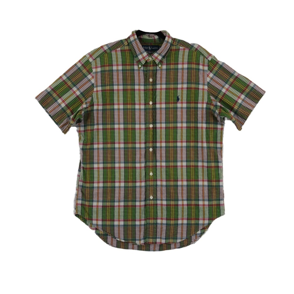 Ralph Lauren Button Down Shirt Men's Size‎ Large Green Plaid 100% Cotton Classic